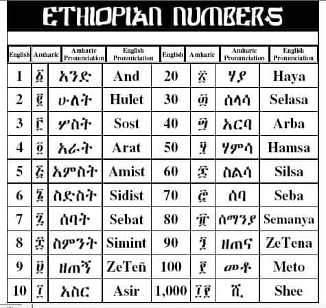 Quick Ethiopic Amharic Numbers | Numerals Lesson Chart